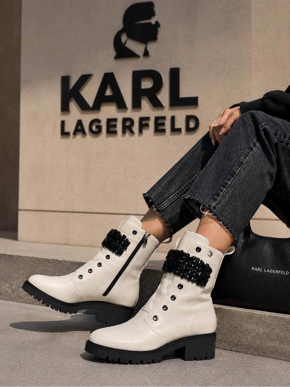 Karl Lagerfeld White Leather Combat Boots with Black Embellishment Size 7M